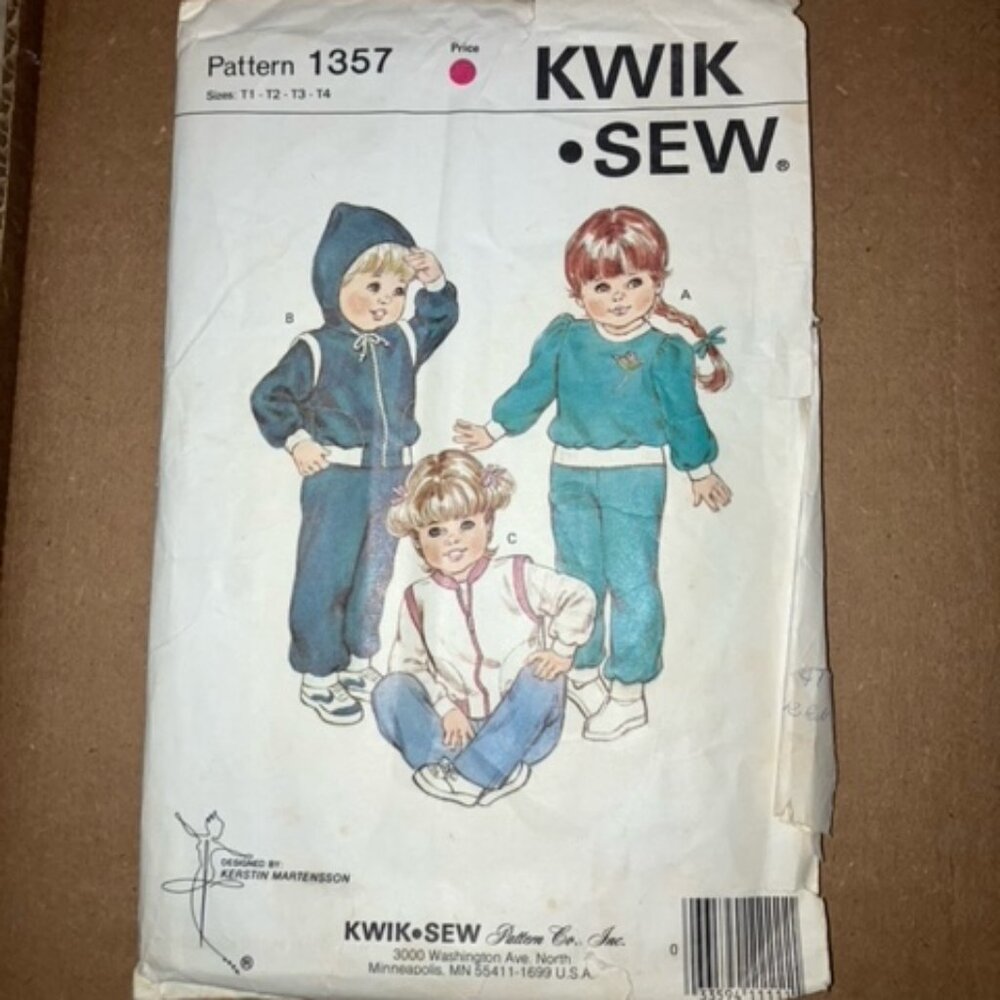 Kwik Sew vintage pattern 1357 Toddler's jogging suits pants and tops size: 11-14